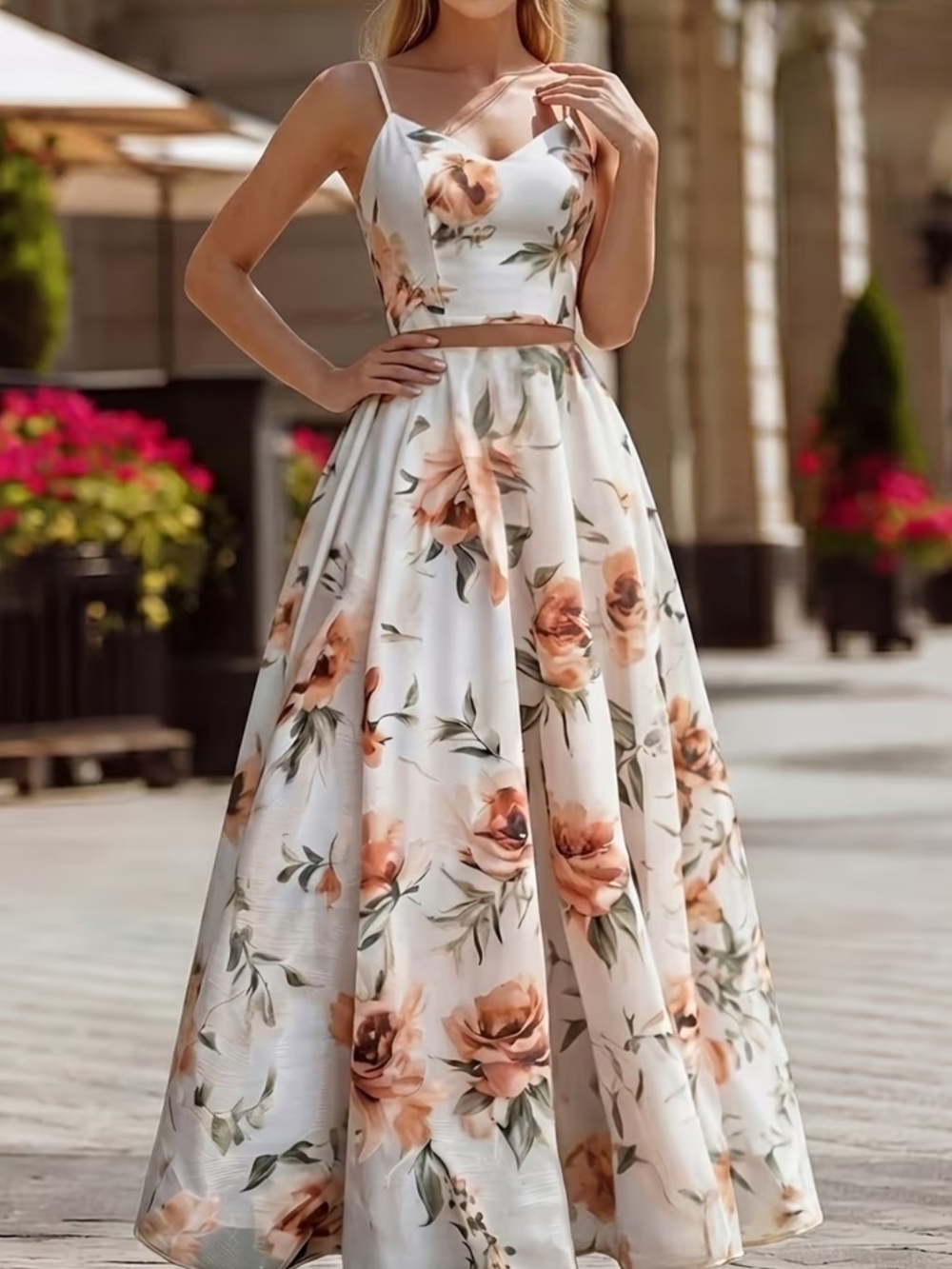 Floral Two-Piece Maxi Dress in Cream and Peach
